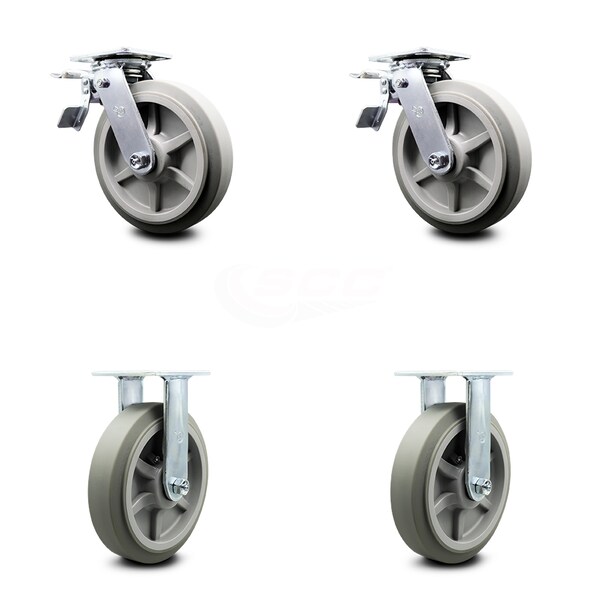 8 Inch Thermoplastic Rubber Caster Set with Ball Bearings 2 Brakes 2 Rigid SCC